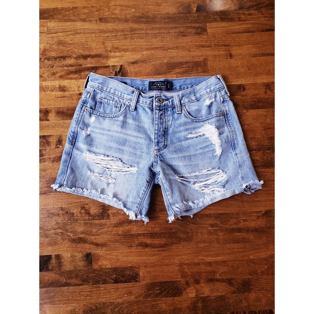 Lucky Brand Jean Shorts Size 24 Blue The Boyfriend Distressed Denim Raw Hem Boho